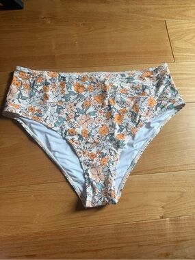 Women’s High-Waist Floral Bikini Bottoms - Orange & Light Blue
